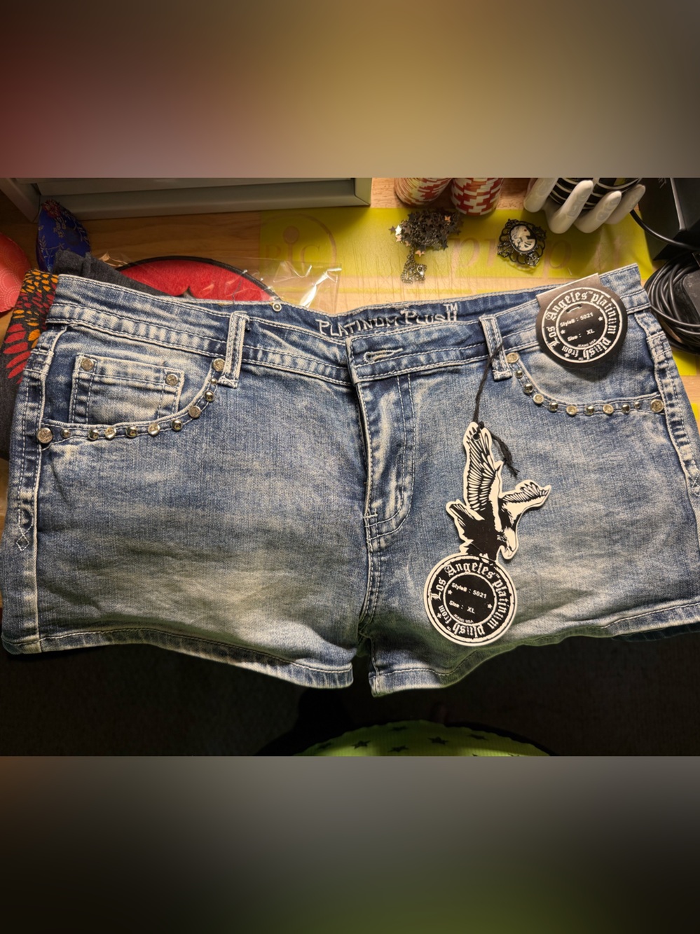 Denim Blue Platinum Plush Jeans Shorts with Stud and Skull Detail
